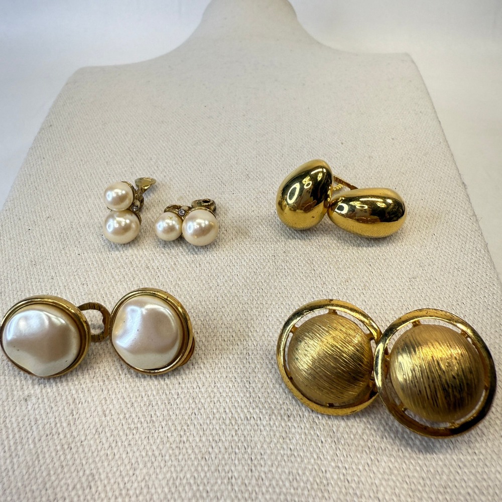 Monet Earring Lot of 4 Gold-Tone Clip On Faux Pearl Textured Statement
